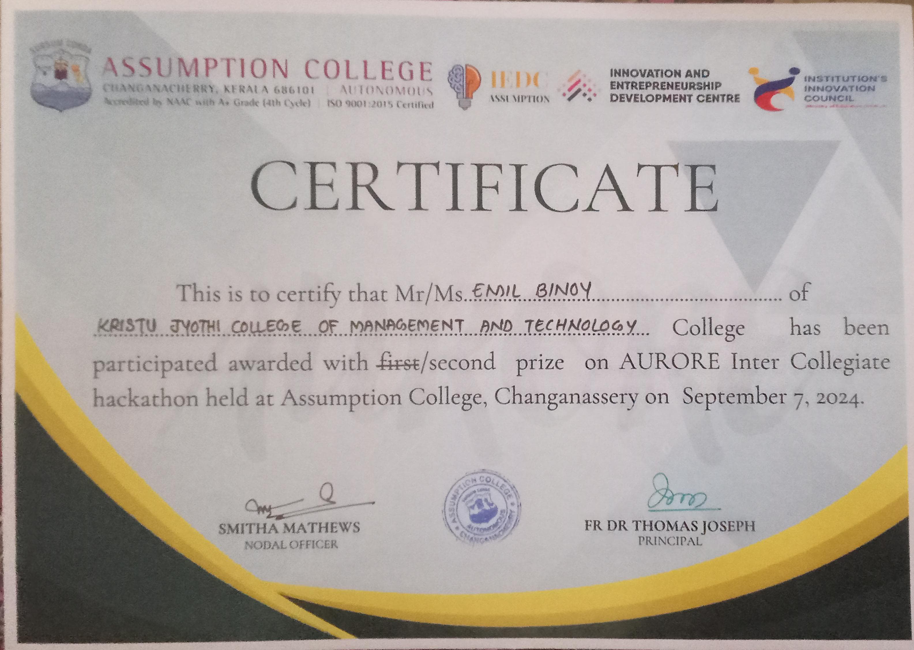 assumption hackathon certificate